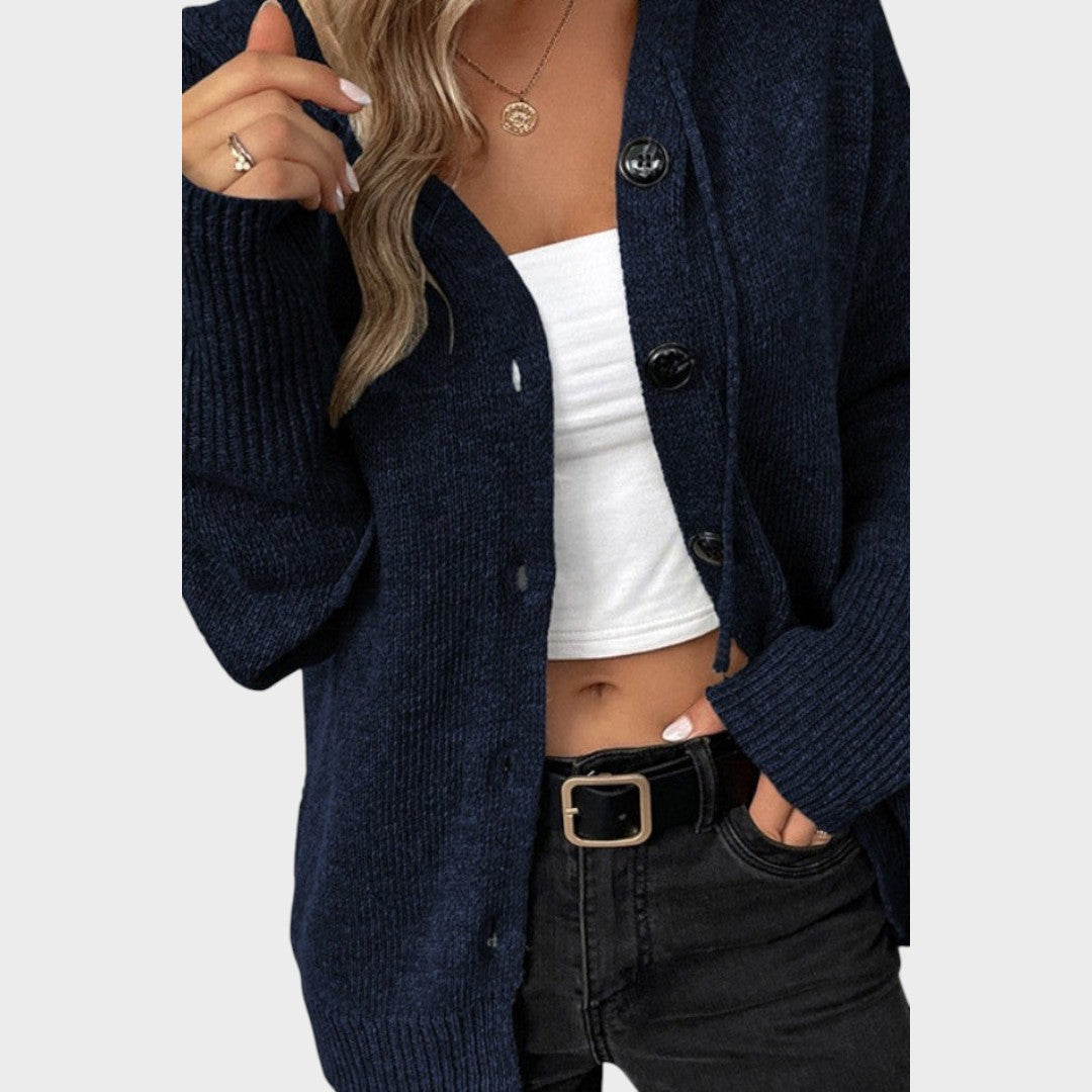 Amélia cardigan din tricot moale cu glugă prezentare outfit