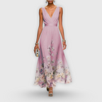 CELESTE – V-nyakú virágos maxi ruha