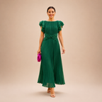 Zelma – elegáns pliszírozott maxi ruha csavart derékkal