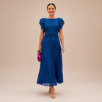 Zelma – elegáns pliszírozott maxi ruha csavart derékkal
