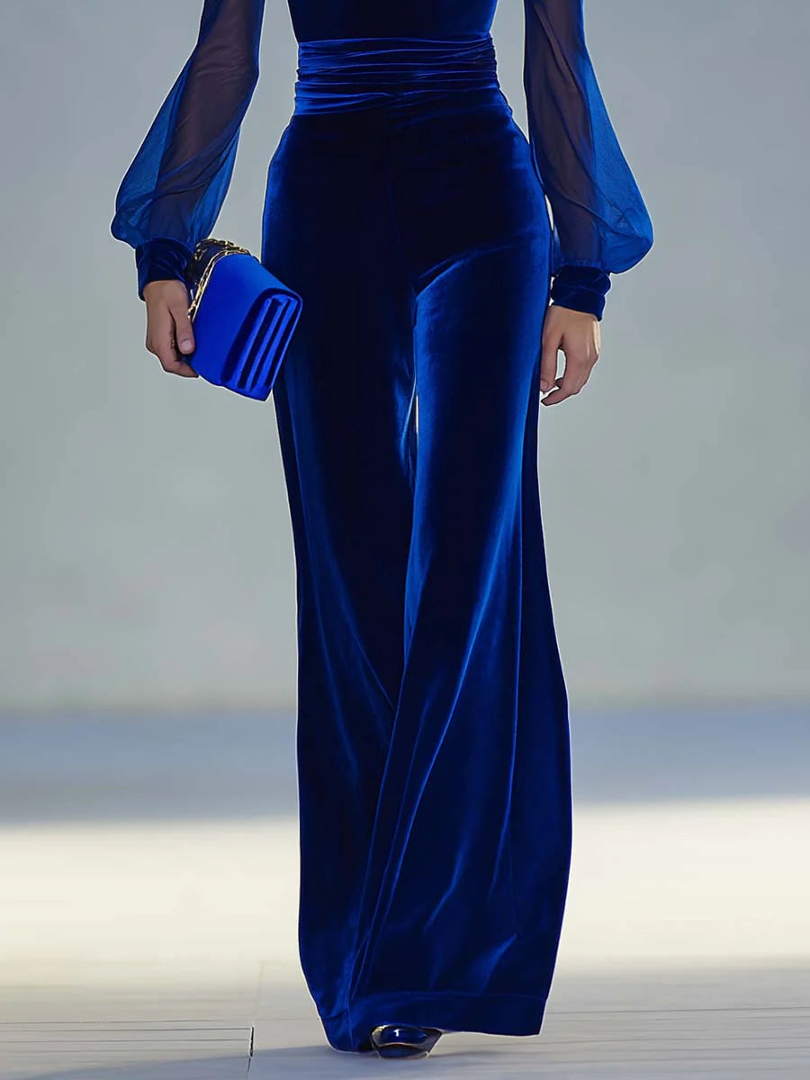 Sabrina - Hosszú bársonyos overall V-nyakkal és hosszú hálós ujjakkal, elegáns és retró