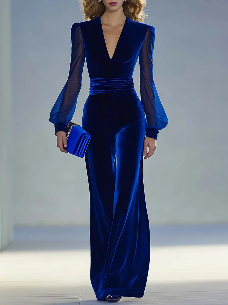 Sabrina - Hosszú bársonyos overall V-nyakkal és hosszú hálós ujjakkal, elegáns és retró