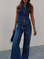 Lota set din denim elegant mâneci și pantaloni